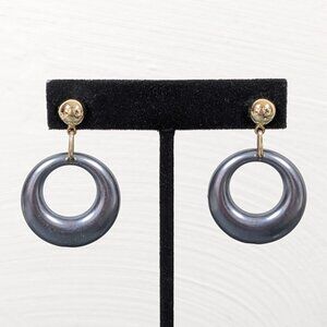 Vintage Gray Pearlized Round Hoop Dangle‎ Pierced Earrings Gold Tone